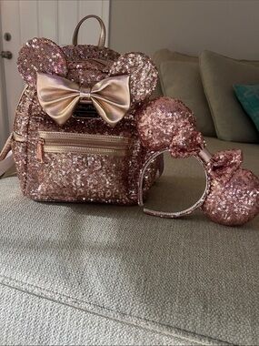 Disney Rose Gold Sequin Minnie Backpack with Matching Ear Headband
